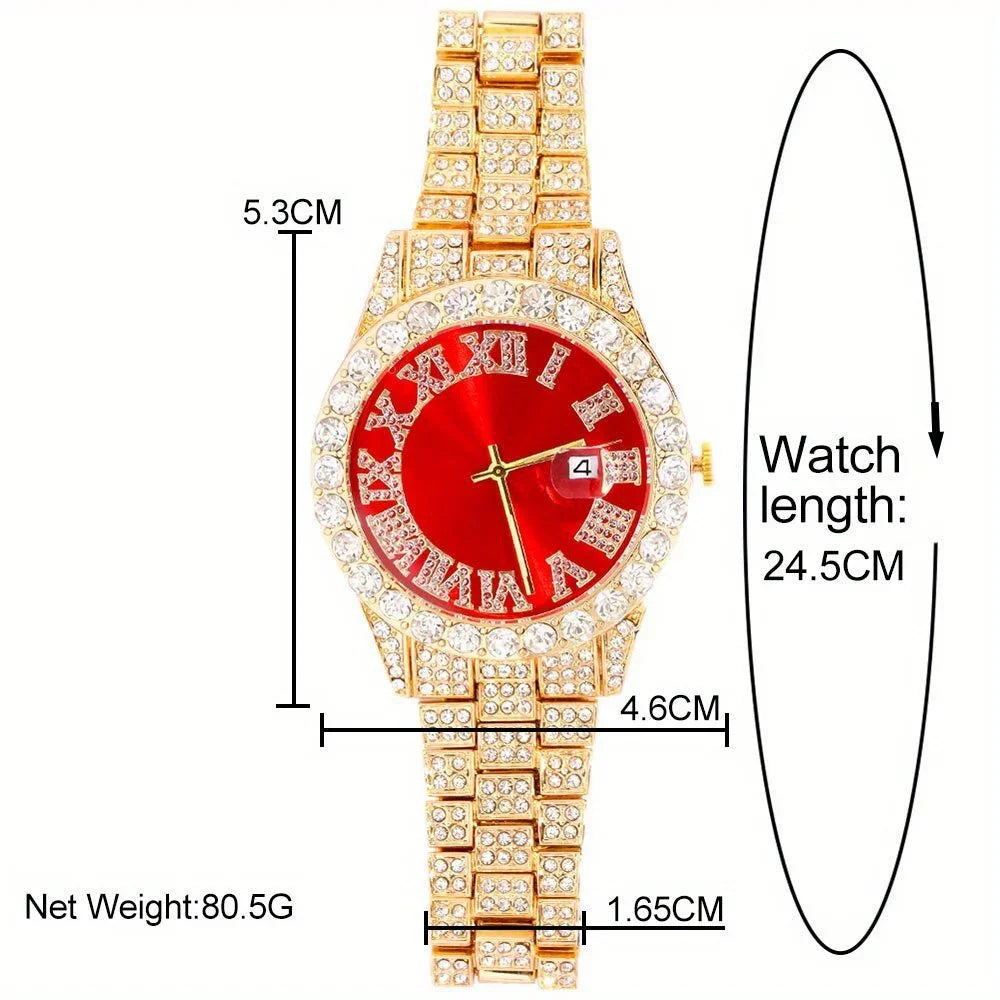 Fashion Rhinestone Wrist Watch & Hip Hop 14MM Prong Cuban Chain & Rapper Cuban Necklaces Set, Punk Party Gift Qme