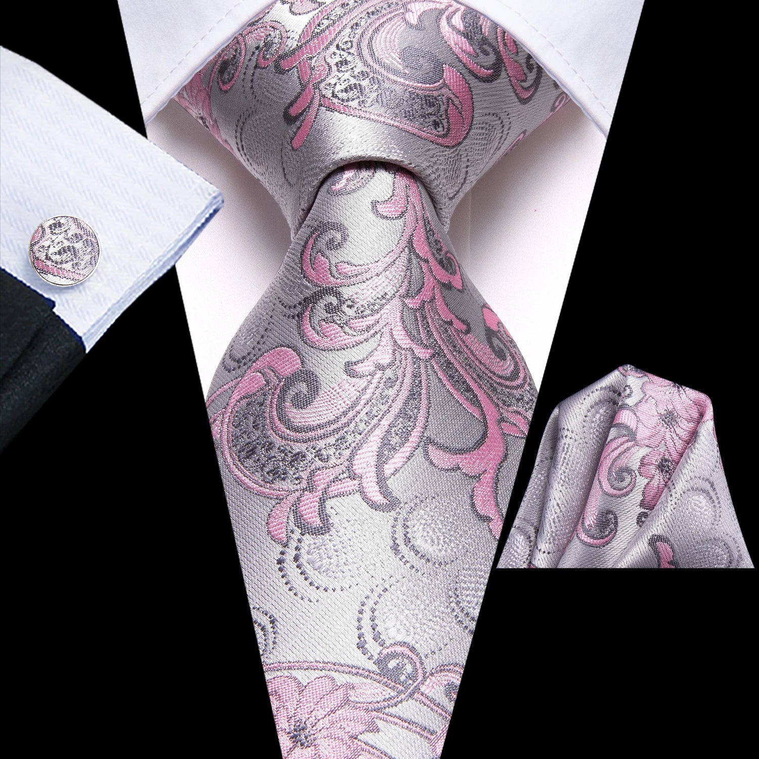 Hi-tie Mens Tie Pink Floral Stripes Solid Paisley Necktie Pocket Qme LDSN3447