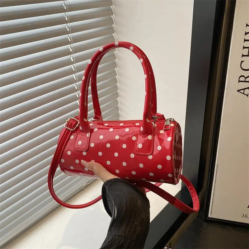 Korean Polka Dot Crossbody Bag Barrel Shape Mini Handle Purse Daily Casual Shoulder Bag Women's Cute Elegant Underarm Bag Qme Red