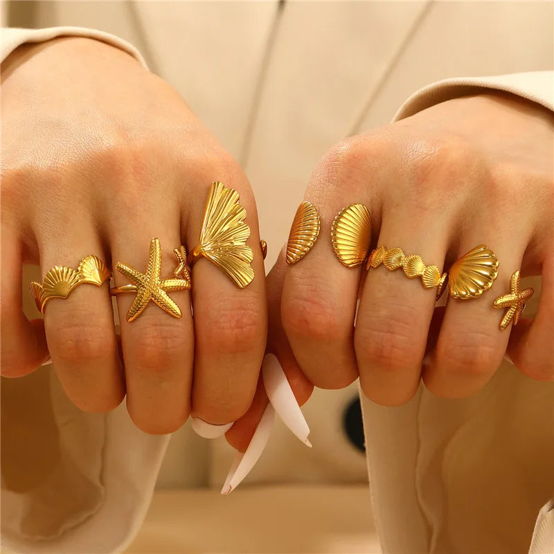Ocean Starfish Shell Open Ring Set For Women Gold Color Stainless Steel Finger Rings Summer Beach Aesthetic Waterproof Jewelry Qme