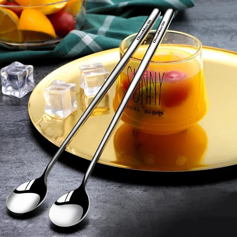 Stainless Steel Long Handled Spoon Teaspoon Coffee Stirring Spoon Ice Cream Honey Dessert Spoon Kitchen Tableware Qme