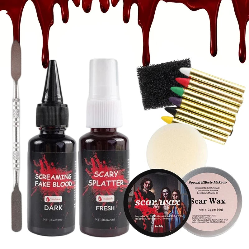 Halloween SFX Makeup Scar Wax Fake Blood Spray Face Paint Sticks Qme Set