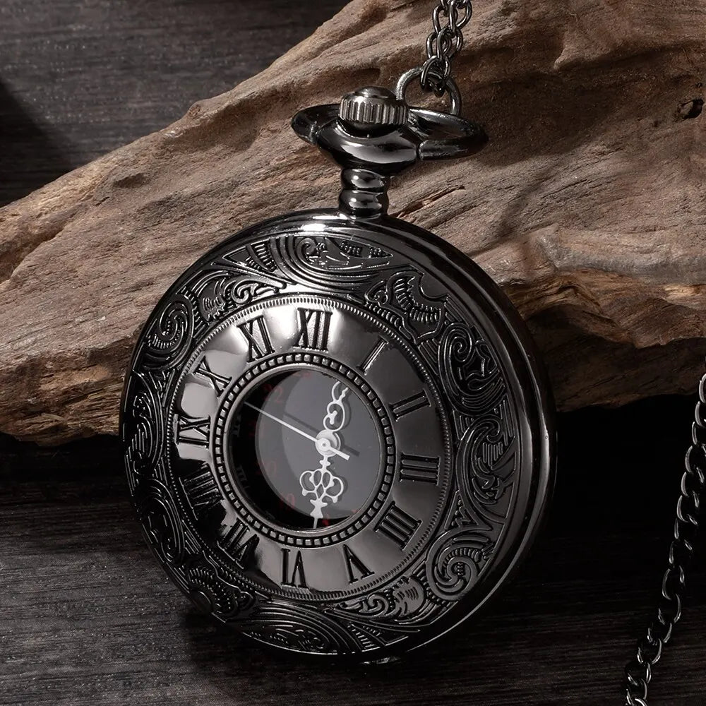 1 pcs Steampunk pocket watch, men's chain, necklace, antique charm, black, Roman numerals, quartz, unified fashion Qme