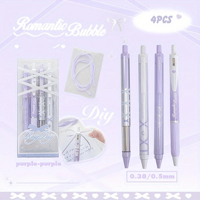 4-Piece Ballet Ribbon Gel Pen Set, Aesthetic Black Ink Neutral Pens, Ideal for Office, Study, Festival Gifts and Event Prizes Qme purple