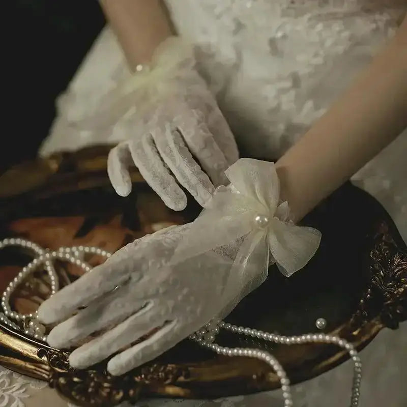 Women Bridal Short Gloves Full Finger Mesh Wedding Beaded Bow Wrist Qme