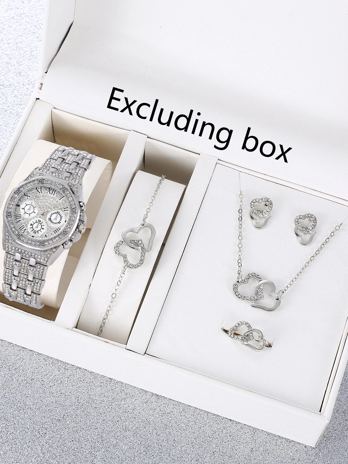 Full Diamond Roman Three Eye Quartz Women's Watch Double Ring Love Set Diamond Necklace Bracelet Earnail Ring Five Pieces Qme silver No