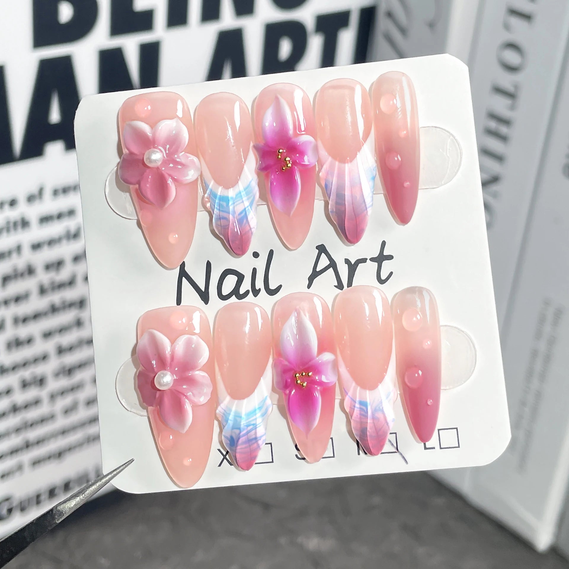 Y2K Cool Spice Girls Black Pink Long Tip Handmade Press Nails Cross Qme ZB33-M