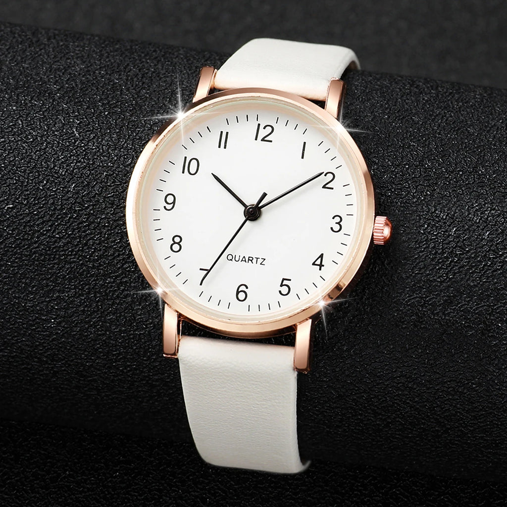 Relógio de quartzo com mostrador árabe feminino, pulseira de couro, relógios sem caixa, moda, 2 peças Qme