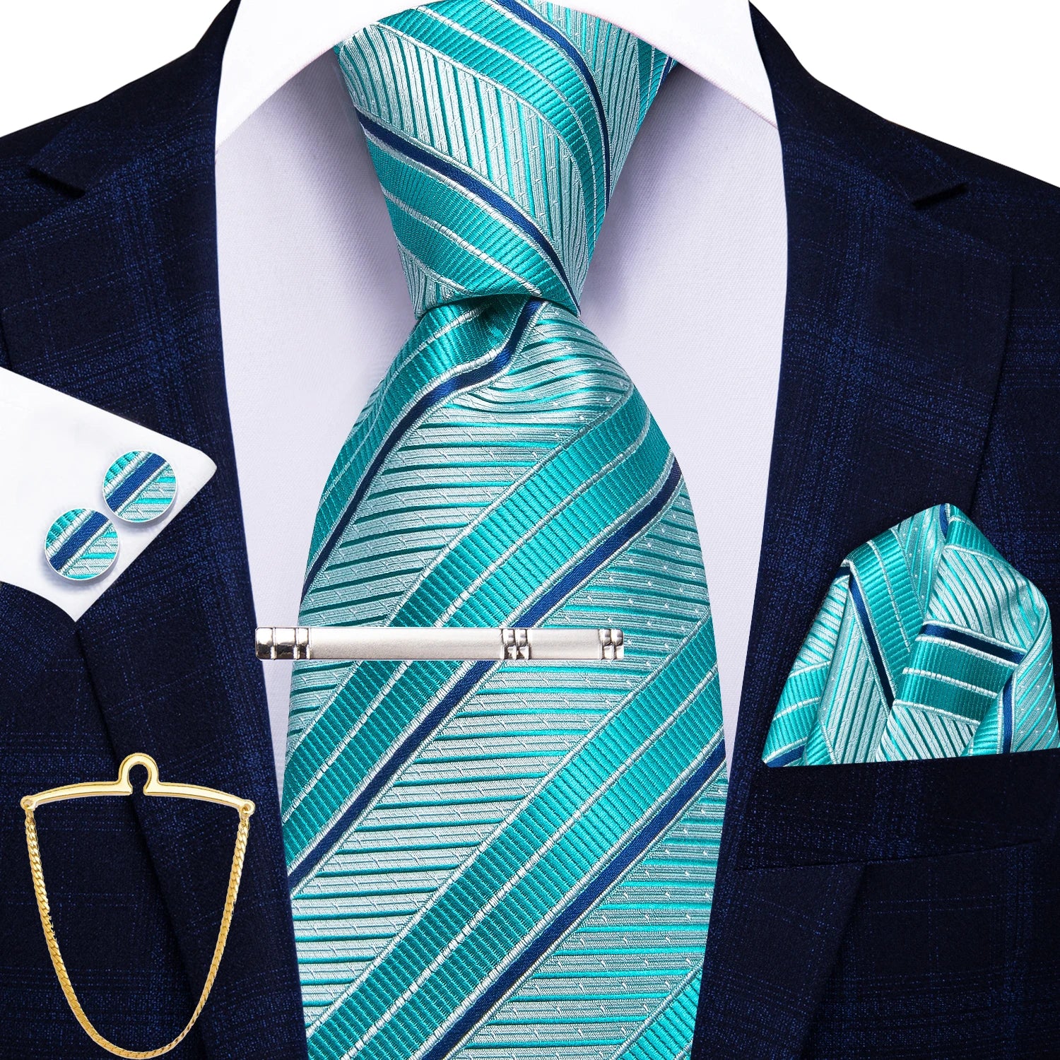 Hi-Tie Men's Smart Business Tie Set 5 Pcs - Striped Tie, Handkerchief, Cufflinks, Lapel Clip, Chain Qme QQ-N-3950
