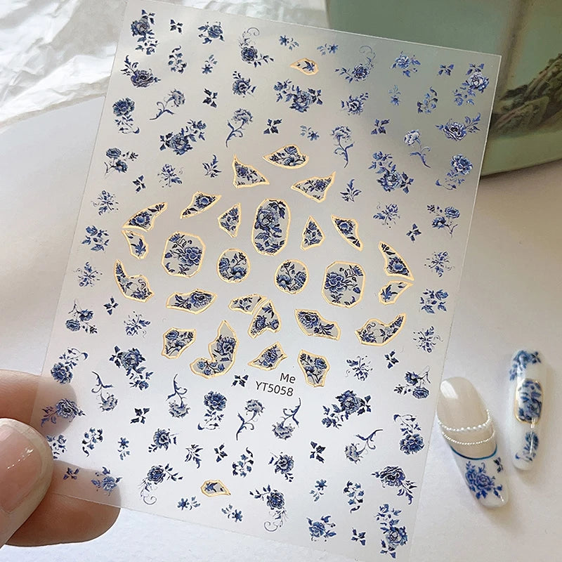 Blue White Porcelain-style 3D Nail Art Stickers Self-adhesive Qme D