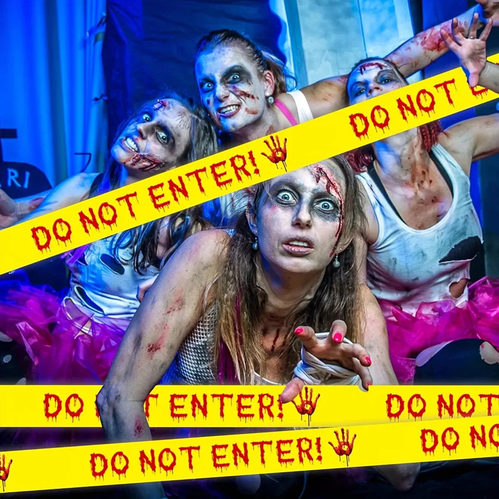 Halloween Caution Tape with Bloody Handprints - 82ft Plastic Warning Ribbon for Horror Theme Party Decoration, Barrier Qme