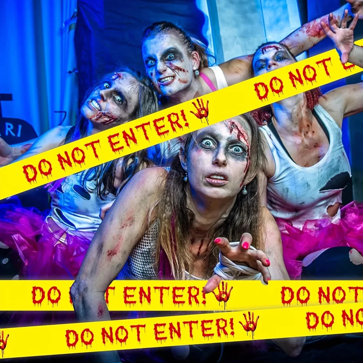 Halloween Caution Tape with Bloody Handprints - 82ft Plastic Warning Ribbon for Horror Theme Party Decoration, Barrier Qme