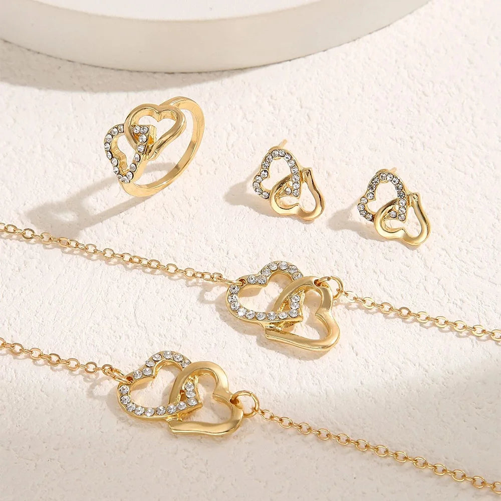 5-Piece wedding Fashionable &Exquisite Gold Rhinestone Heart Jewelry Set - Earrings, Necklace, Bracelet and Ring Combination Qme