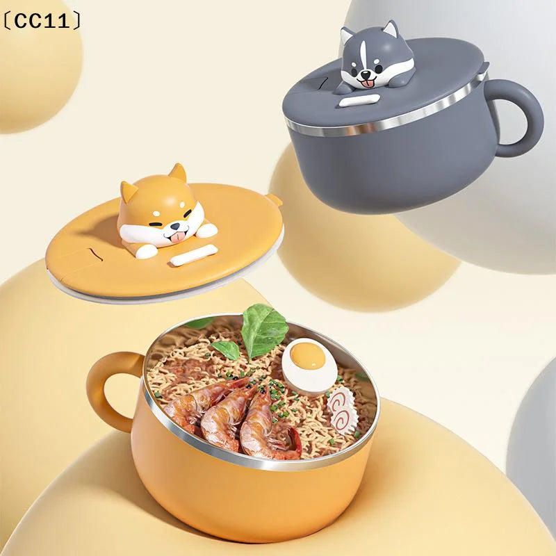 Cute Dog Instant Noodle Bowl Stainless Steel Lid Large Fruit Salad Qme