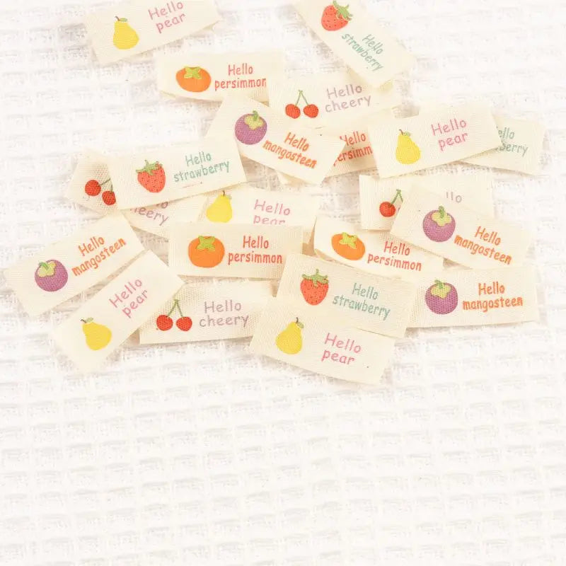 50pcs 16×38mm Mixed Fruit Pattern cotton Labels Personalized Sewing Handmade Clothing Labels Shoes Bags hat Tag cp3808 Qme