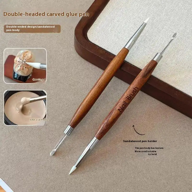 Wood Double Headed Nail Art Brush Carving Flower Painting Pen Mixing Qme
