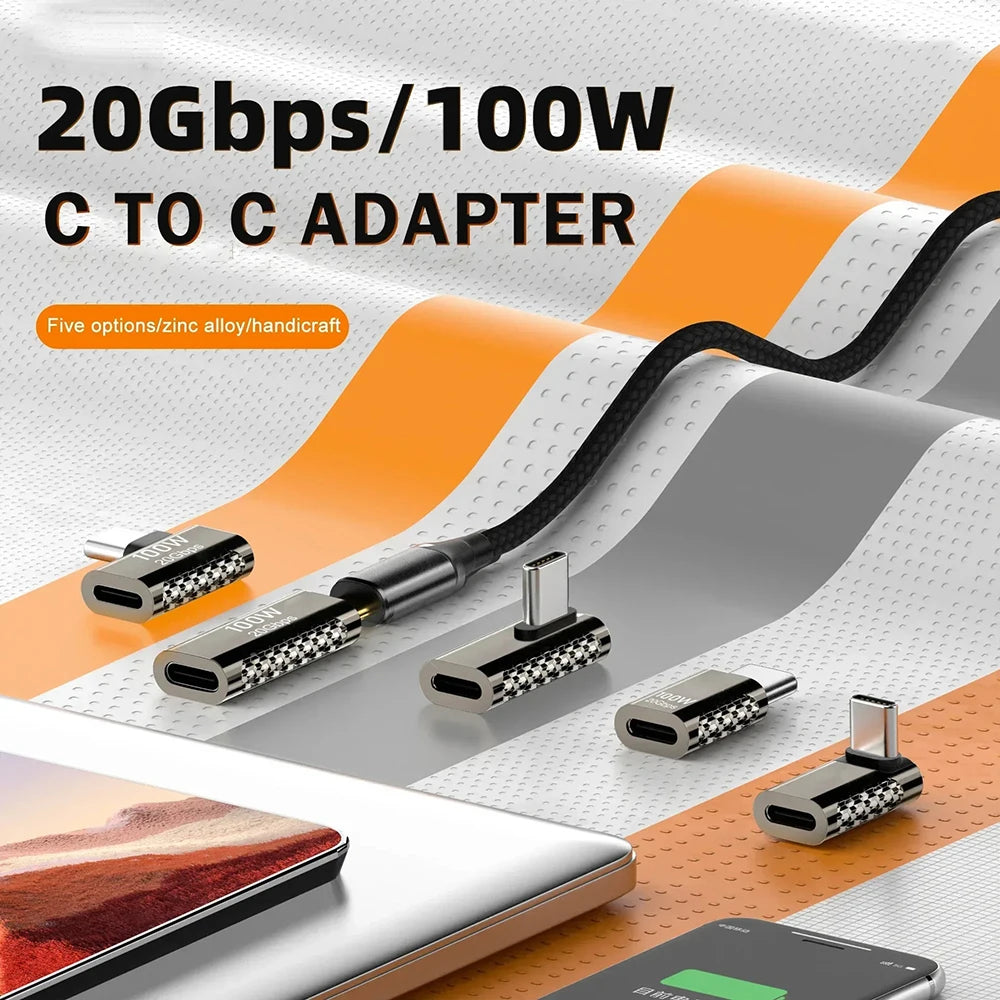 Type C to USB C 100W 20Gbps OTG Adapter 90 Degree Fast Charge Converter PD Male To Female Data Transfer for Laptop Phone Tablets Qme