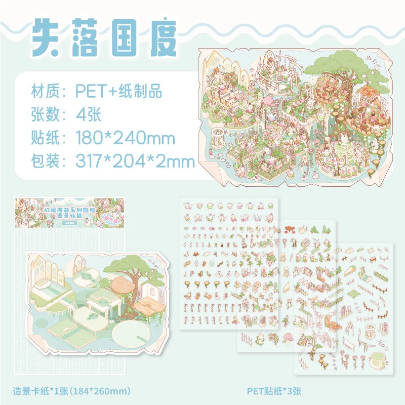 TIANZI 28/56 pcs Immersive Experience Sticker Series: "With Meow in Roleplay" Scroll Scenery Stickers - Cute Cat Stacking Scenes Qme C