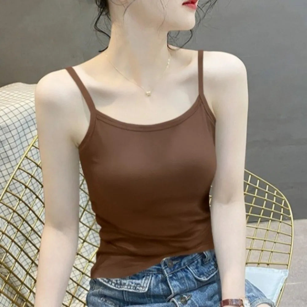 Tank Top Simple Spaghetti Straps Camisole Korean Style Cotton Slim Crop Top Solid Color Bottoming Shirt Sling Vest Women Qme