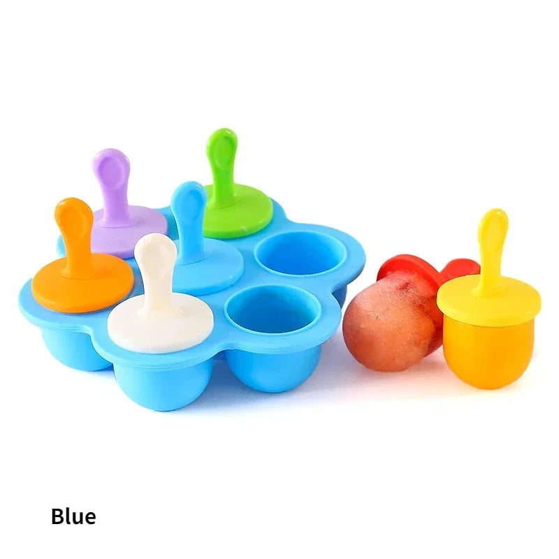 7 Holes Silicone Ice Cream Mould Popsicle Mold Baby Food Storage Box with Lid Fruit Milkshake Manufacturer Home Kitchen Tools Qme Blue