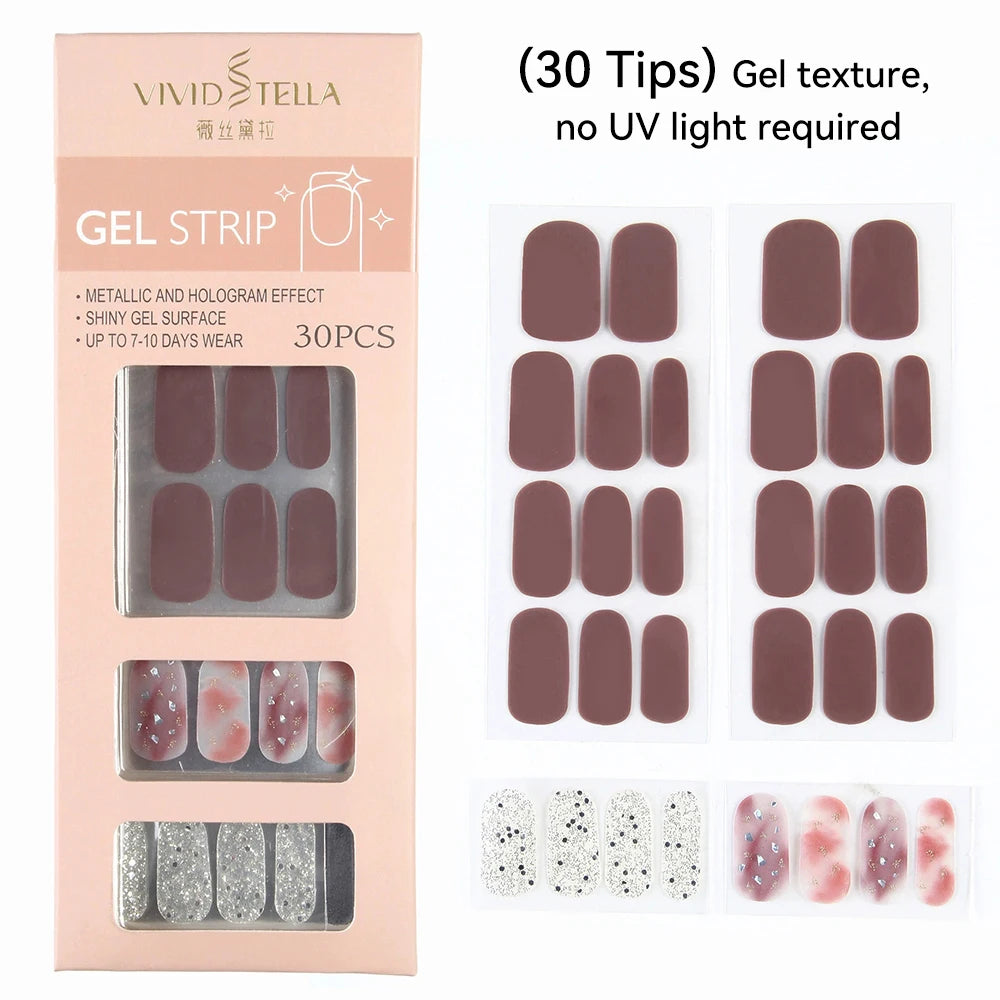 30 34Tips UV-Free Gel Nail Wraps Solid Glitter Stickers No Need UV Qme MK-30Z-DS38013