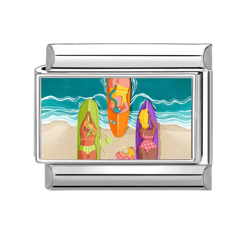 2026 Fashion Doodle Painting Beauty High-heel Swim Pool Beach Italian Charm Links Fit 9mm Bracelet Stainless Steel DIY Jewelrys Qme Style 11
