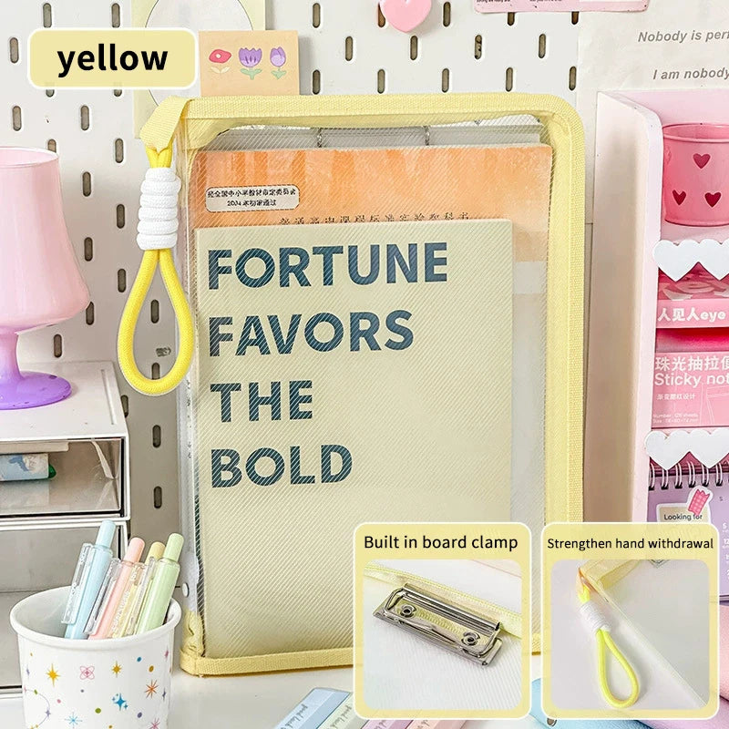 Portable File Folder Case Storage Organizer Bags Transparent Handle Qme 33CM yellow