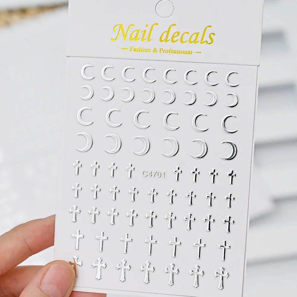 6 Sheets Metal Silver Nail Stickers Metallic 3D Star Nail Art Stickers Decals Self-Adhesive Nail Art Stickers Metal Chain Heart Qme