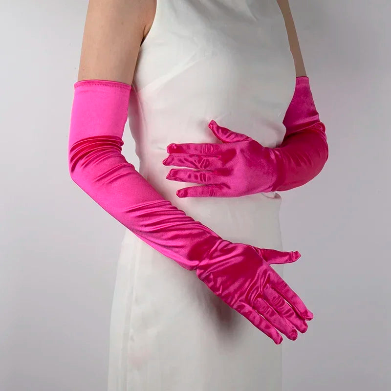 Ladies Satin Long Mitten Stage Performance Multicolor Women Black Qme