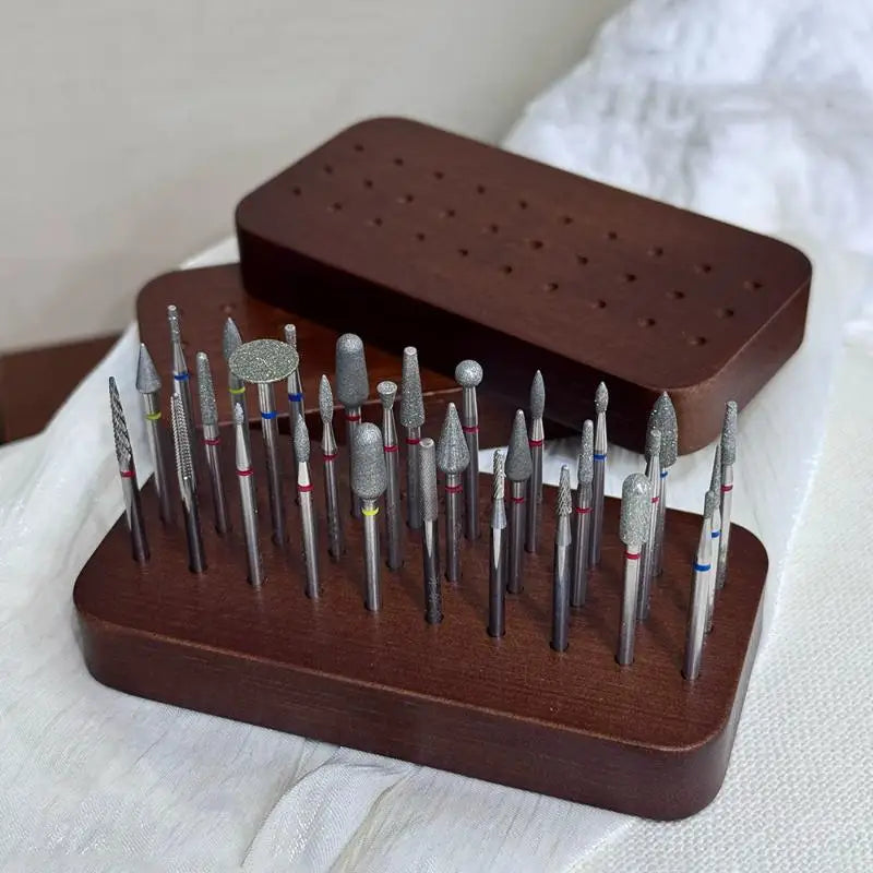 30 Slots Polishing Head Storage Walnut Wood Nail Drill Bit Organizer Qme Default Title