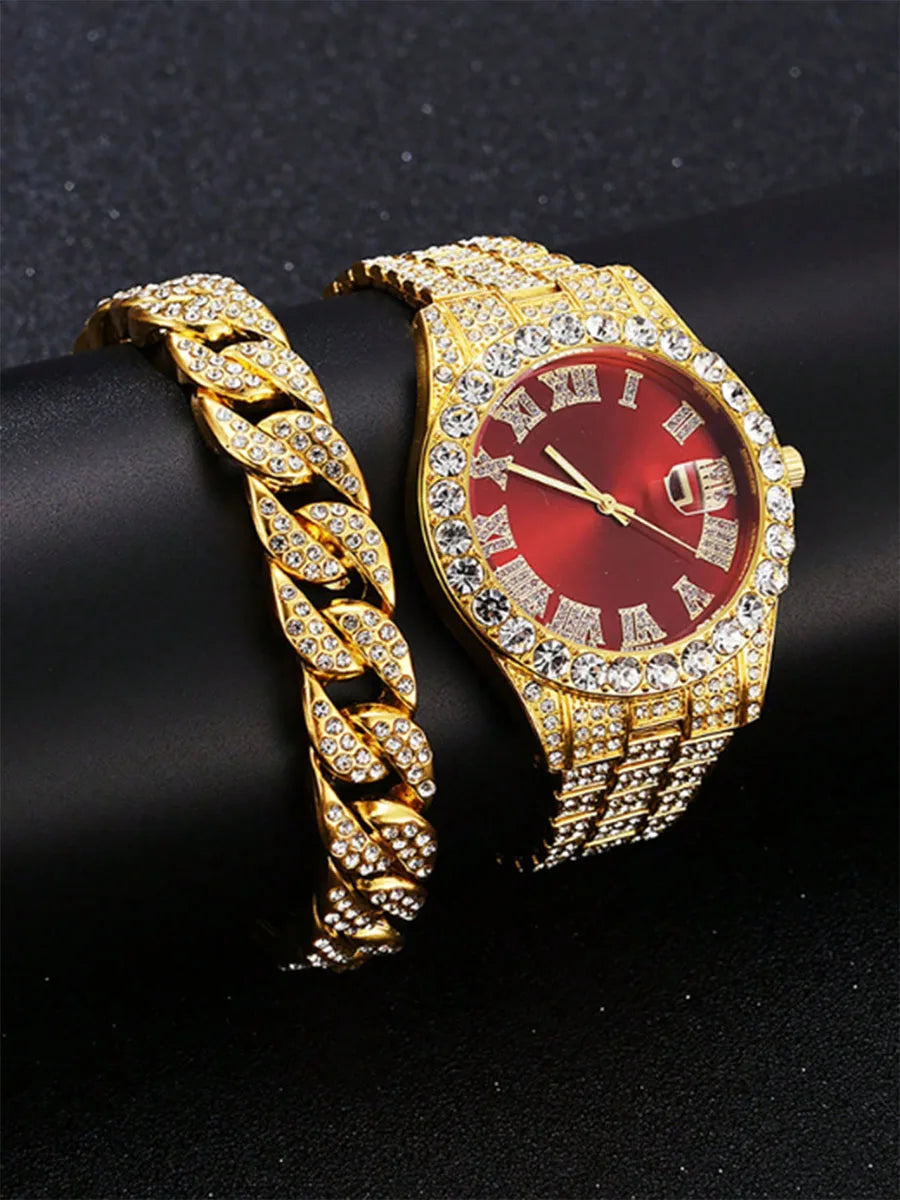 Hip Hop Watch Male Watch Luxury Water Proof Brand Watches Stainless Steel Round Clock Men Quartz Wristwatches Gift Boyfriend Qme golden red set