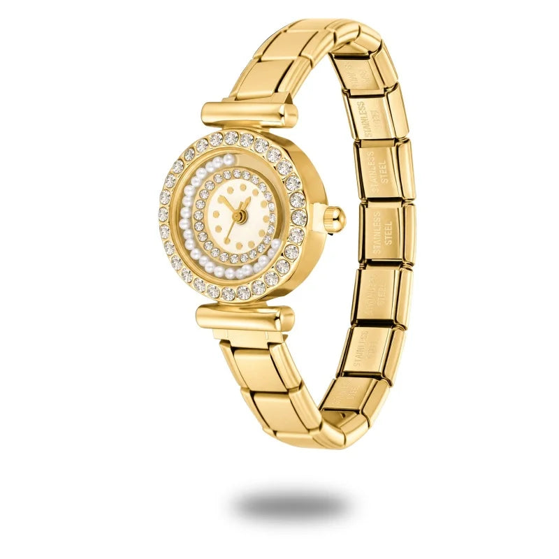 2026 Fashion Men Women's Stainless Steel Zircon Spinning Pearl Round Watch Head Bracelet Bangle for Friend Wife Birthday Jewelry Qme S 16