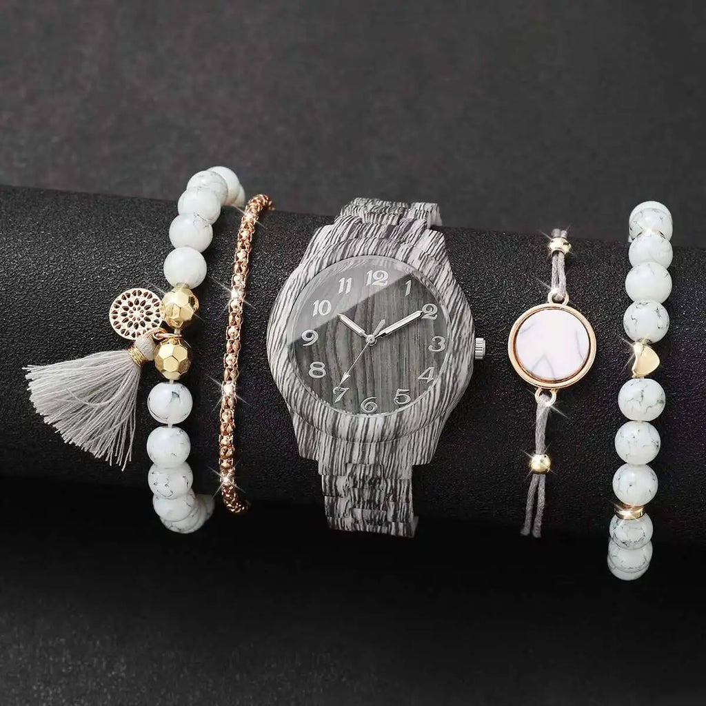 5PCS Fashion Women Watches Casual Wooden Pattern Plastic Band Quartz Watch Bracelets Set for Girls Clock Gift （Without Box） Qme
