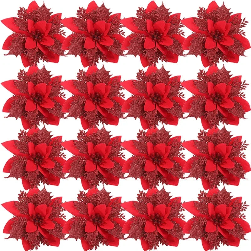 Christmas Red Gold Glitter Flowers Artificial Poinsettia Flower for Xmas Tree Ornaments Navidad New Year Party Home Decoration Qme Red 50PCS