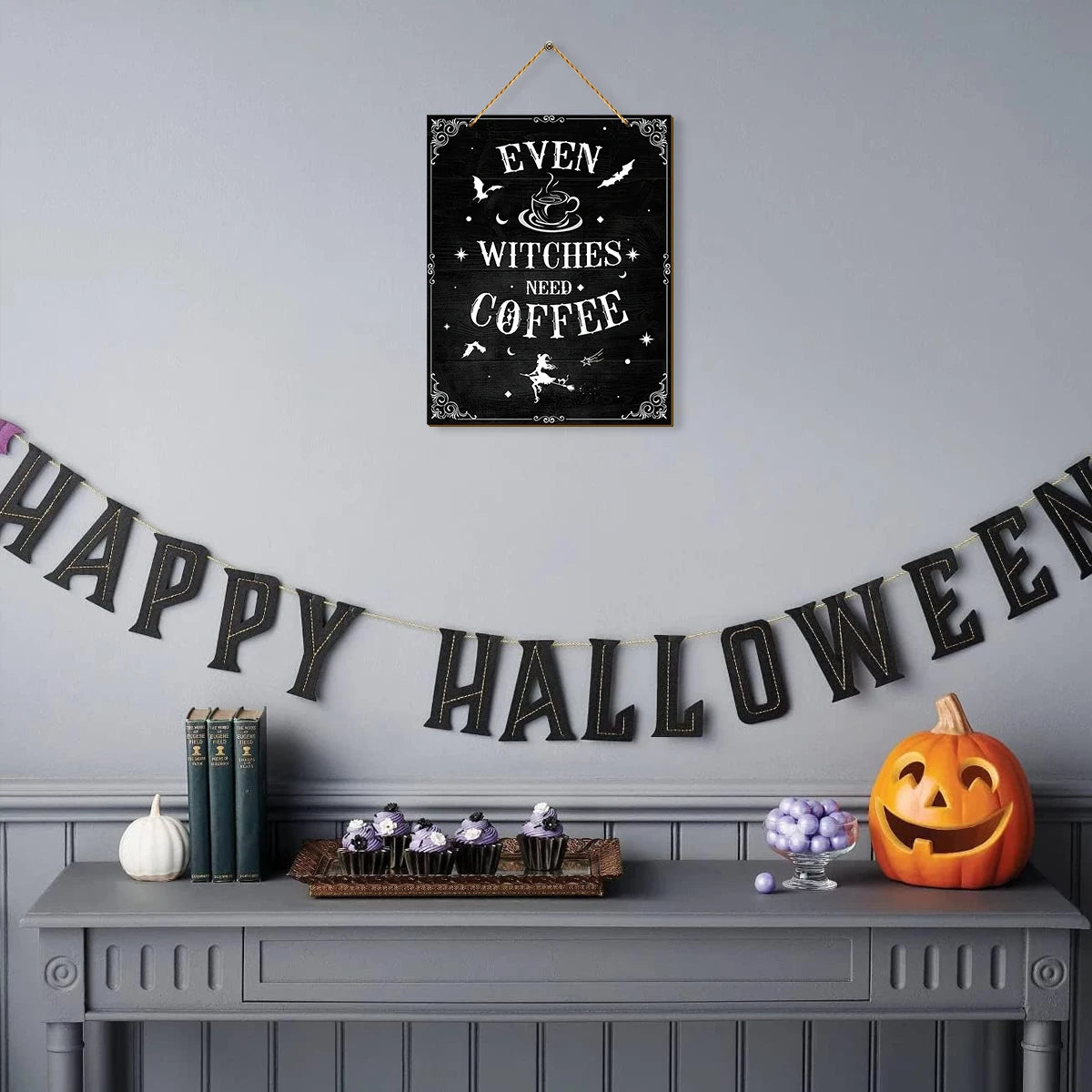 Halloween Wooden Wall Hanging Sign - Retro "Even Witches Need Coffee" Witch Coffee Cup Bat, Halloween Kitchen Home Decoration Qme