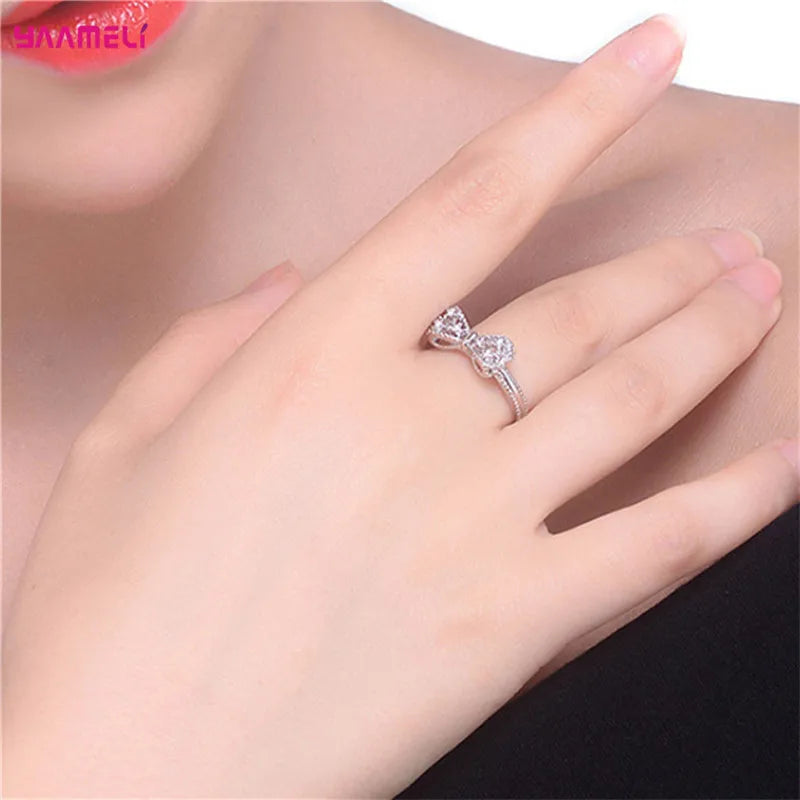 Sparkling 925 Sterling Silver Color Wedding Rings for Women Cubic Zircon Crystal Bowknot Fashion Engagement Ring Qme