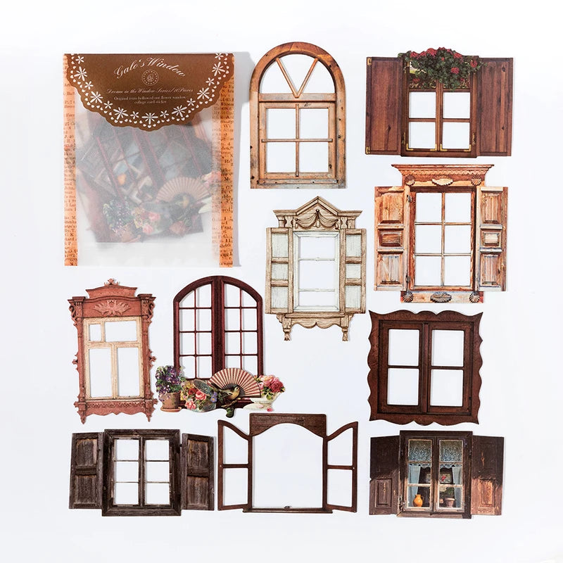 10 Sheets Vintage Hollow Door Window Sticker Diy Diary Decoration Plant Flower INS Sticker Album Scrapbooking Kawaii Stationery Qme F