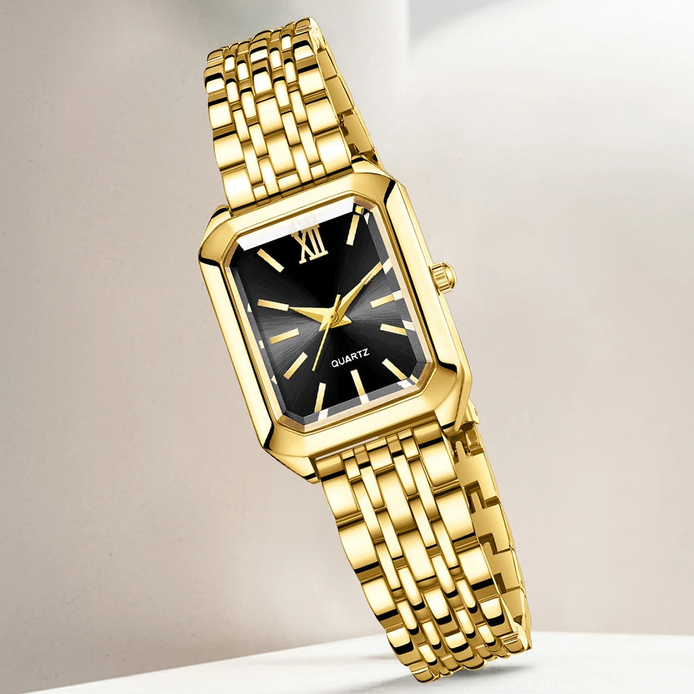 Golden Roman Black Plate Small Square Watch Water Drop Metal Bracelet Earnail Necklace 6-piece Set Extreme Accessories Qme