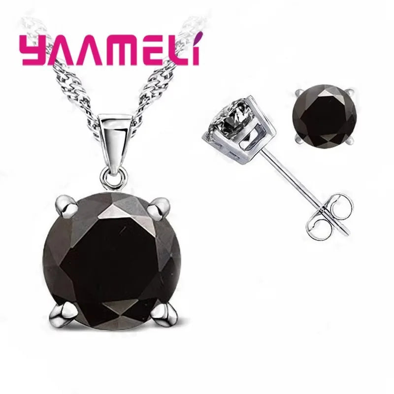 Fast Shipping 925 Serling Silver Color Shiny Cubic Zirconia Necklace Pendant Earrings Women Big Round Crystal Jewelry Sets Qme black