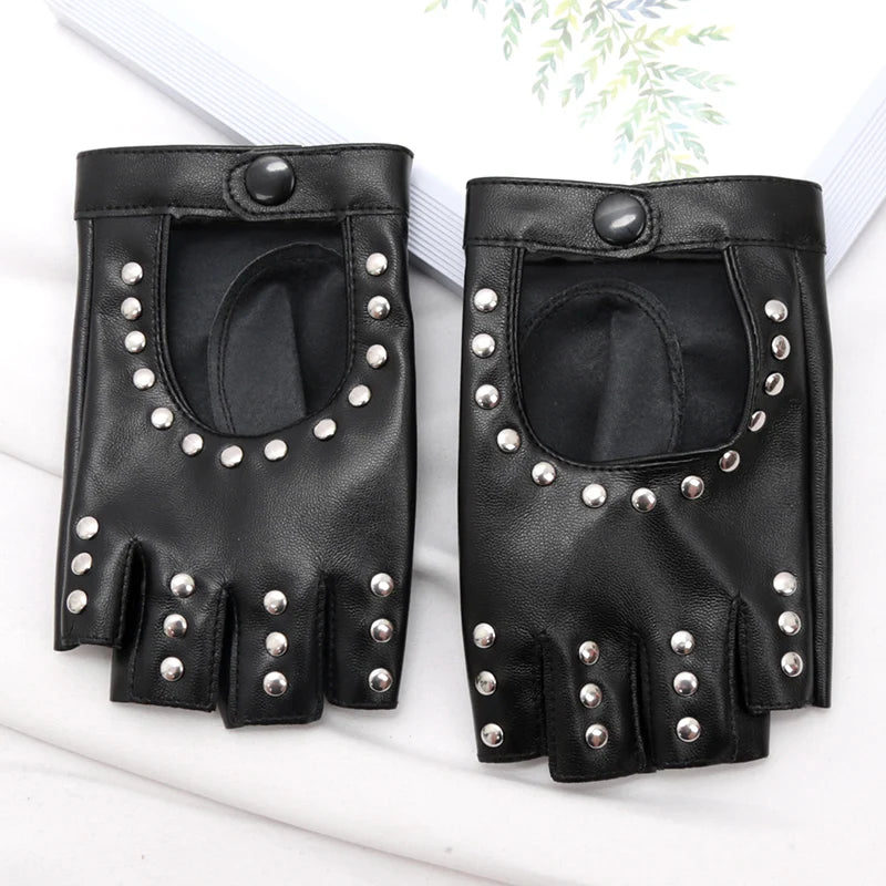 Unisex Y2K Gothic Lolita Black Fingerless Gloves Motor Cool Rivet Qme