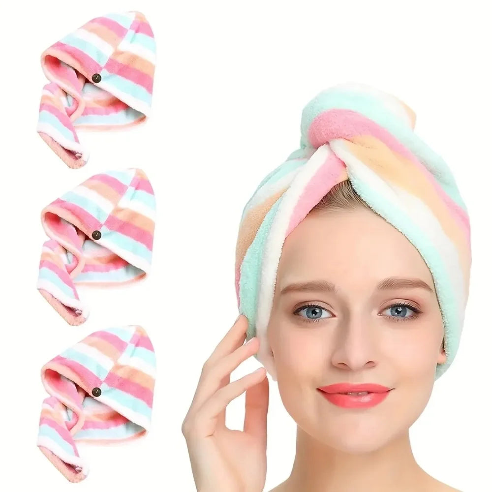 Ultra Absorbent Quick Dry Hair Towel Cap Women Colorful Striped Qme