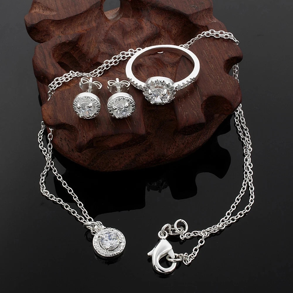 Bridal Jewelry Sets Cubic Zircon Necklace Earrings Ring Gift for Women Pure 925 Sterling Silver Color Birthday Valentines Xmas Qme