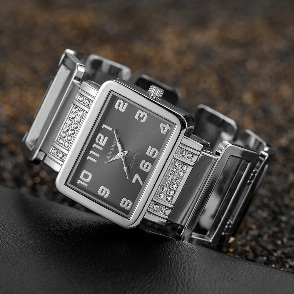 Cansnow Rectangle Ladies Watch Bracelet or Silver Bracelet Watches for Women with Hollow Stones and Quartz Fashion Clock Qme