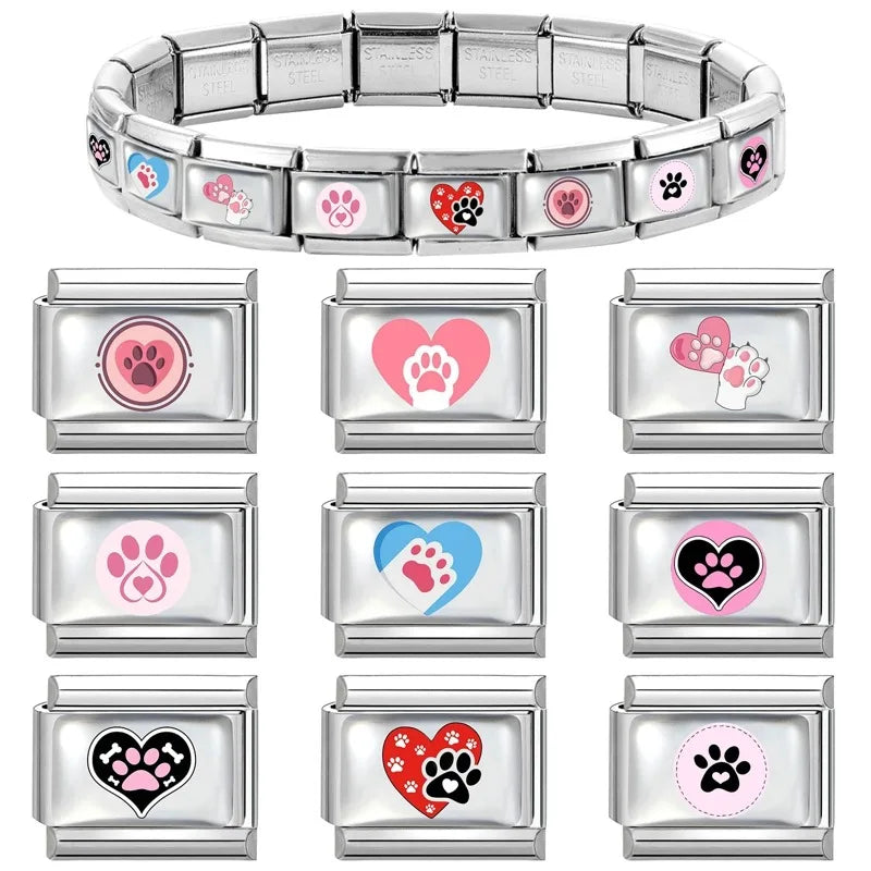 Blue Pink Heart Cute Cats Paw Dog Claw Print Series Italian Charm Links Fit 9mm Stainless Steel Bracelet DIY Making Gift Qme