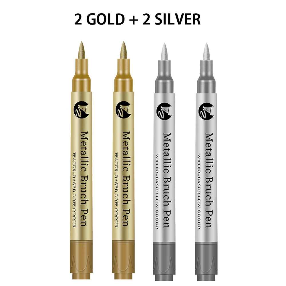 2-6Pcs/set Gold/Silver Metallic Marker Pen Waterproof Permanent Paint Marker Pen And Ink for Rock,Ceramic,Glass DIY Painting Qme 2gold - 2silver