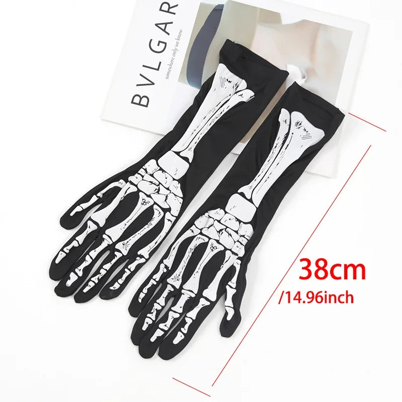 Black Punk Long Gloves Unisex Halloween Skeleton Skull Half Finger Qme
