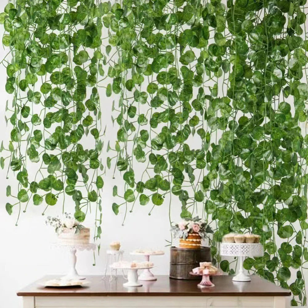 1PC Artificial Vine, Grape Leaves, Plastic Pothos Leaves, Green Plants, Ceiling Decoration, Artificial Green Leaf Vine Qme