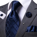 Mens Necktie Luxury Navy Blue Plaid Silk Business Tie Pocket Square Qme N-1656-XH-0060