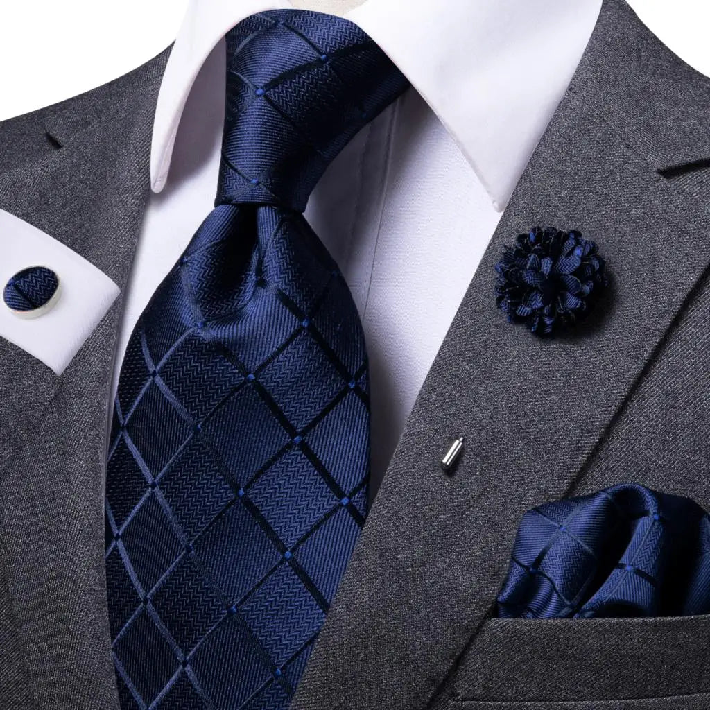 Mens Necktie Luxury Navy Blue Plaid Silk Business Tie Pocket Square Qme N-1656-XH-0060