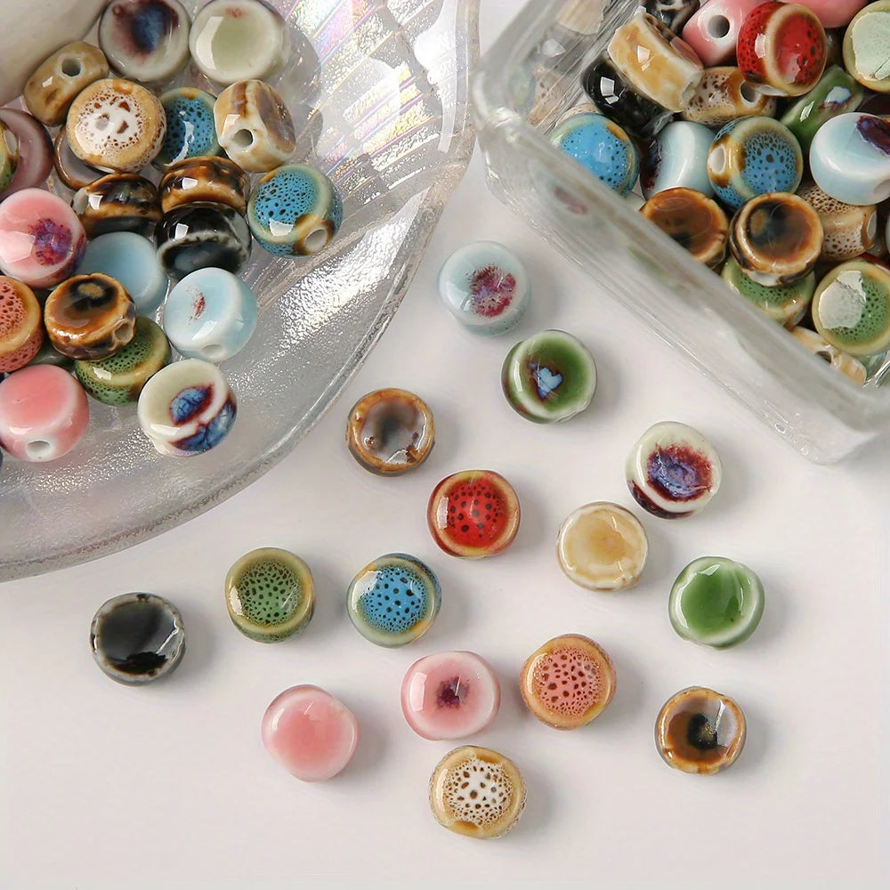 11pcs Ceramic Flat Beads Vintage Chinese-Inspired Floral Glaze Beads for Jewelry Making, Bracelet & Necklace Crafting Supplies Qme